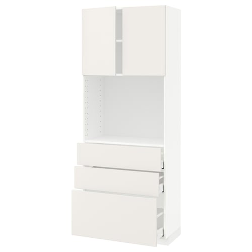 This image shows a white METOD kitchen cabinet with a modern design, featuring both drawers and shelves.