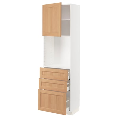 Ikea METOD kitchen unit in white and oak. Open shelving and durable metal drawers with a sleek design.