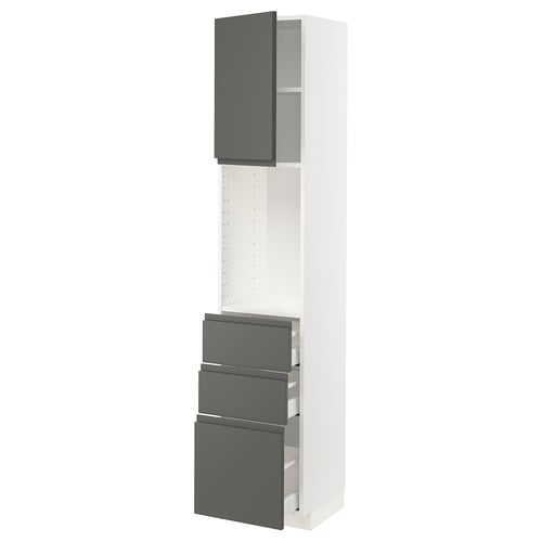 Modern kitchen cabinet in white and grey with drawers.