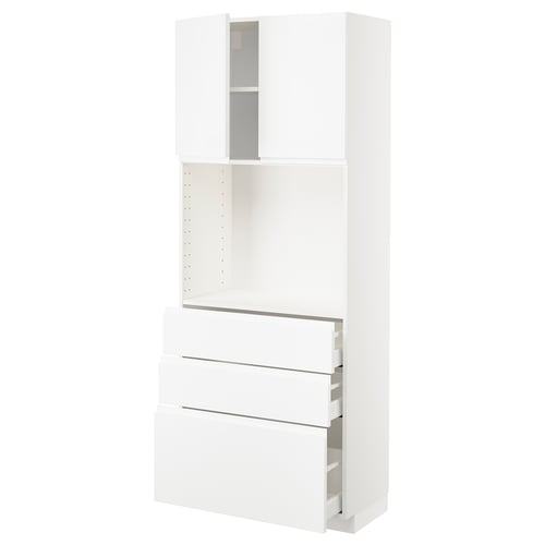 White METOD kitchen unit with glossy drawers and adjustable shelves. Modern and sleek design.