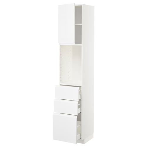 White high gloss kitchen cabinets with drawers and shelves.