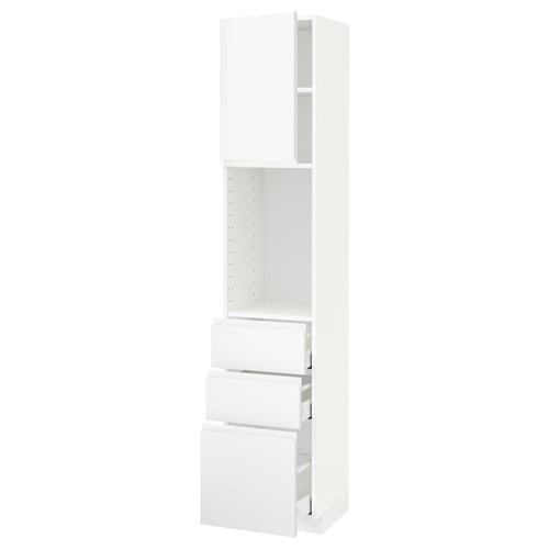 White METOD kitchen unit with adjustable shelf and integrated handles.