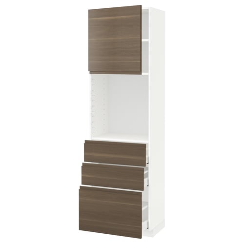 A tall, white METOD kitchen storage unit with dark walnut effect doors and drawers, featuring an integrated handle design.