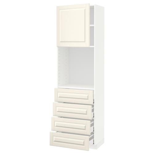 A white METOD kitchen unit with off-white bodbyn fronts, featuring four drawers and an open shelf space above.