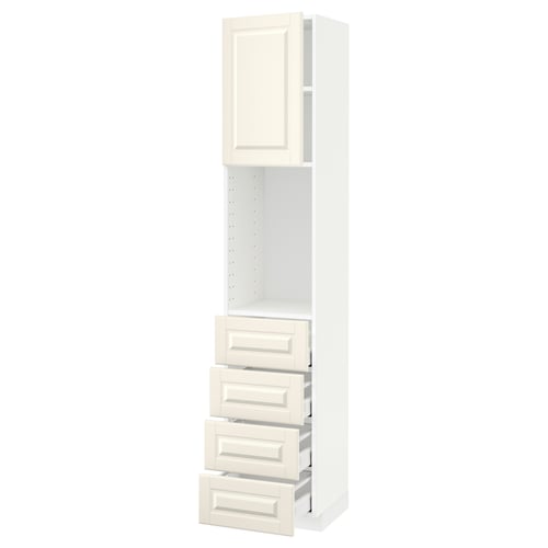 A white METOD kitchen cabinet with a classic design, featuring four drawers and an upper shelf compartment.