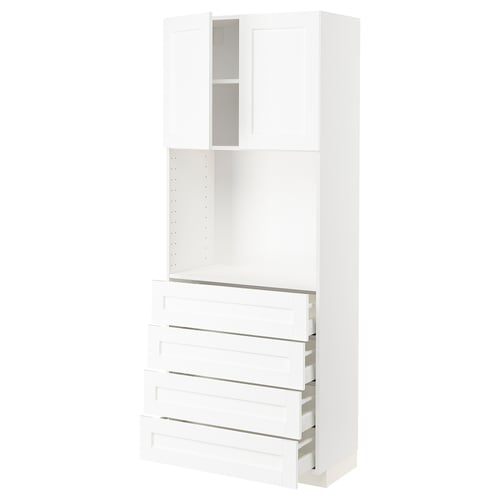 White METOD kitchen unit - 3 cabinets and drawers with silver handles.