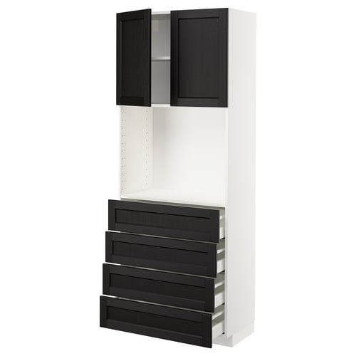 Black & white METOD kitchen cabinet with drawers and shelf.