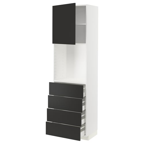 METOD kitchen unit in white & black. Tall cabinet with three black drawers & one closed top, modern & sleek design.