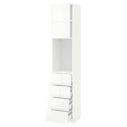 A tall, white METOD kitchen storage unit with high-gloss fronts and three adjustable shelves.