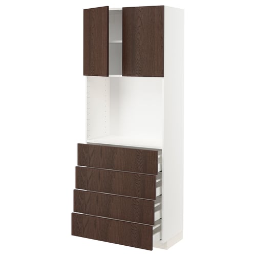 METOD white kitchen unit with dark brown drawers and doors, oak-veneer, square and modern design.