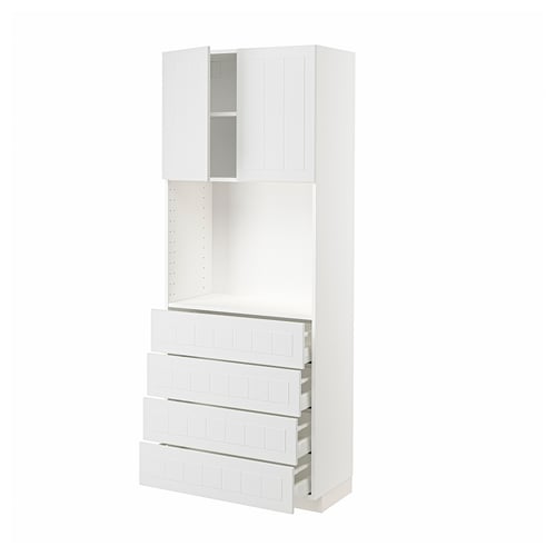 A white METOD kitchen unit with cabinets and drawers in a clean, minimalist design.