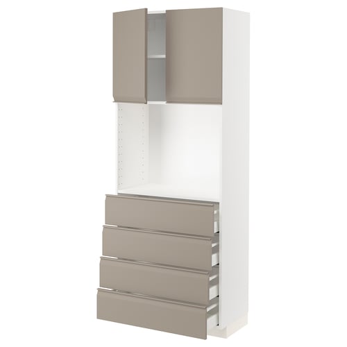 Displays a white and grey-beige METOD kitchen unit with multiple drawers and cabinets. The design a modern, integrated handle style.