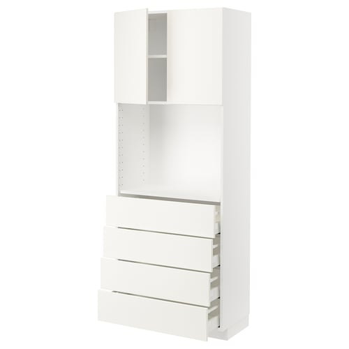 A white METOD kitchen cabinet with multiple drawers and shelves, combining modern functionality and sleek design.
