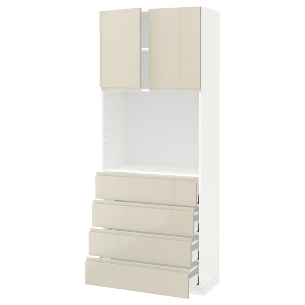 METOD / MAXIMERA High cabinet w shelves/4 drawers, white/Voxtorp high-gloss light beige, 80x41x200 cm