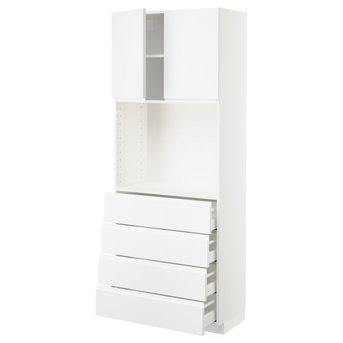 White high gloss modern kitchen unit, rectangular with multiple drawers and shelves, sleek minimalist design.