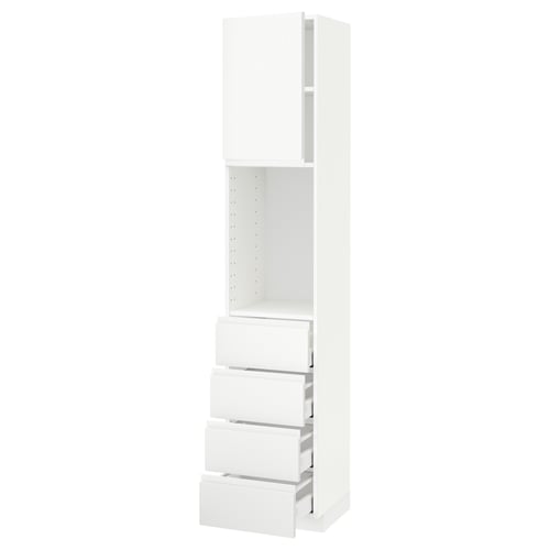 White METOD kitchen unit with minimalist design, featuring multiple drawers and an open shelf section.