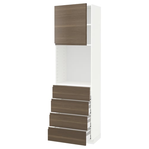METOD kitchen unit in white with dark brown walnut effect drawers and cabinet. Vertical, minimalist design.
