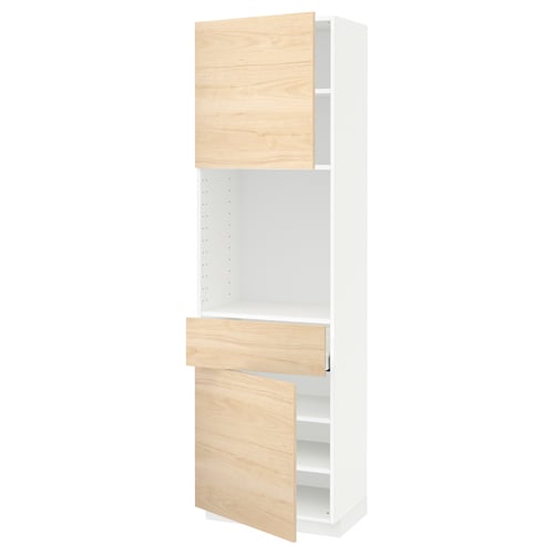 A white METOD kitchen cabinet with light ash wood-patterned doors and an open medium drawer.