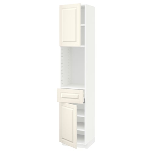 Ikea METOD off-white kitchen cabinet with shelves and drawer, white interior.