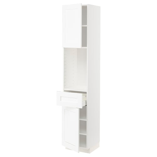 White METOD kitchen cabinet with adjustable shelf and full-extension drawers.