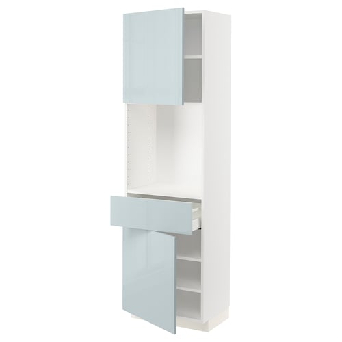 White and light blue high gloss cabinet, slim pull-out drawer, adjustable shelving.