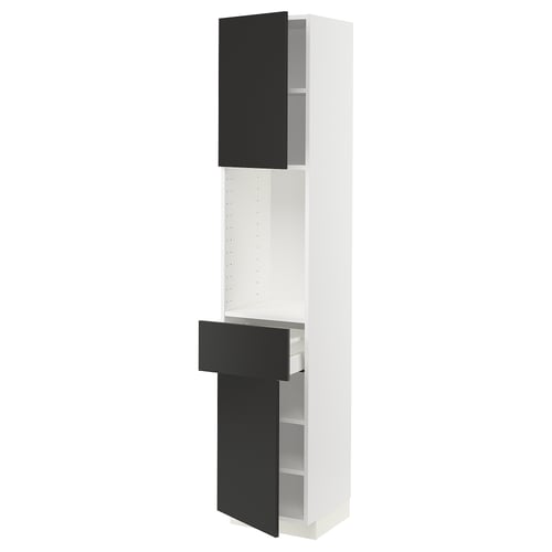 METOD tall kitchen unit with two black drawers and shelves, sleek modern design.