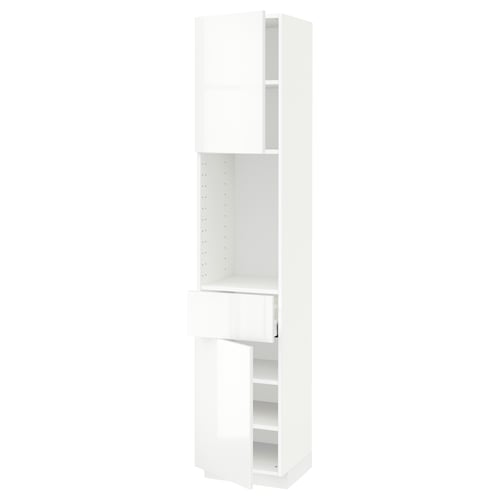 White METOD tall kitchen cabinet with shelves and hanging space.