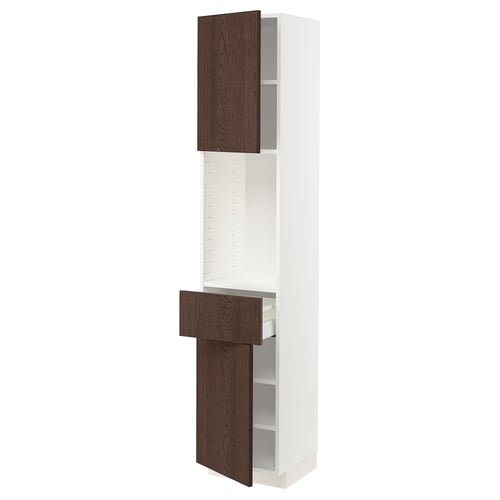 White ikea METOD kitchen cabinet with dark brown drawers and adjustable shelf.