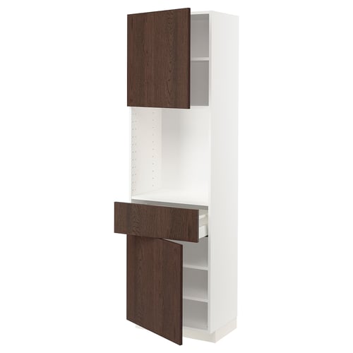 A white METOD kitchen cabinet with dark brown wooden doors and drawer, featuring a sleek and modern design.