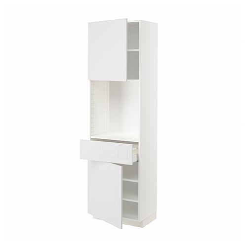 White METOD kitchen unit with open door and drawer, modern design with adjustable shelves.