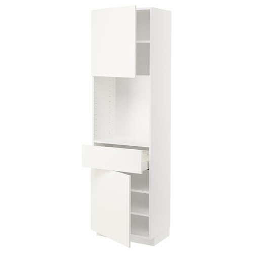 A white METOD kitchen cabinet system with a modern, sleek design featuring an open drawer and shelves.