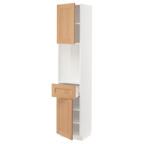 METOD kitchen unit, white & oak, tall, single door, adjustable shelf, drawer, modern design.