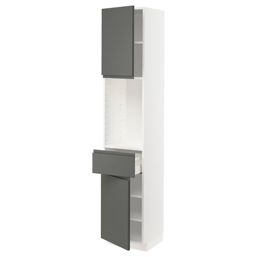Ikea METOD kitchen unit, white and dark grey, tall, open, modern design.