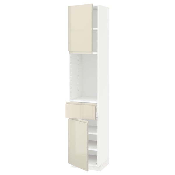 METOD / MAXIMERA High cabinet with 2 doors+1 drawer, white/Voxtorp high-gloss light beige, 40x41x200 cm
