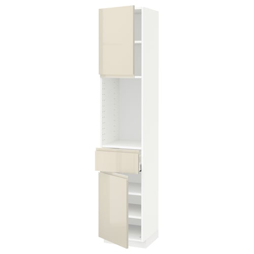 A white METOD kitchen cabinet with a high-gloss beige door and drawer, featuring integrated handles. It has an adjustable shelf inside.