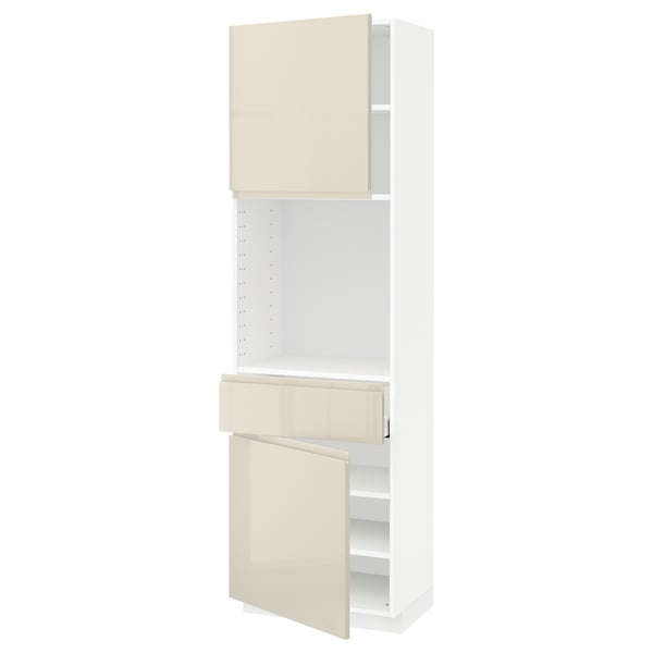 METOD / MAXIMERA High cabinet with 2 doors+1 drawer, white/Voxtorp high-gloss light beige, 60x41x200 cm