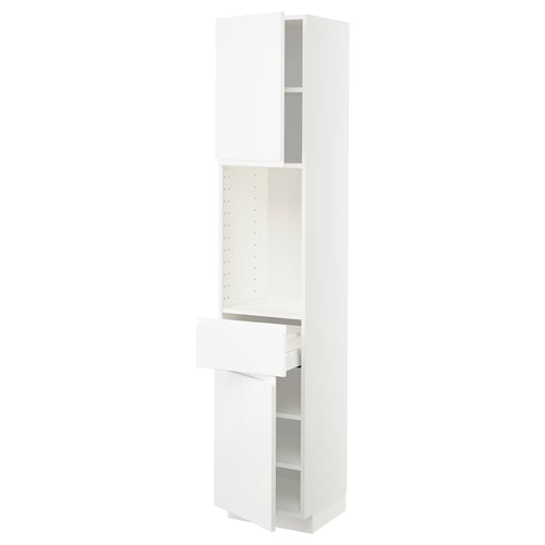 White high gloss kitchen cabinet with adjustable shelves and drawer.