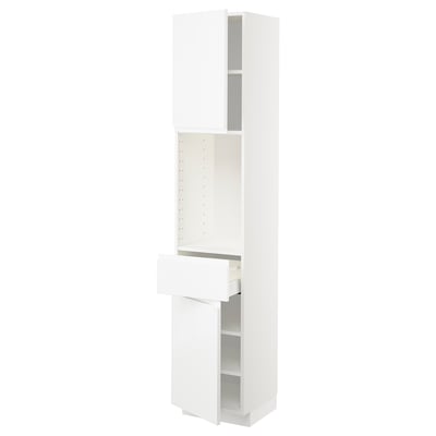 White high gloss kitchen cabinet with adjustable shelves and drawer.