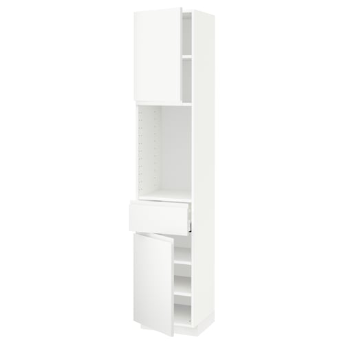 A white METOD kitchen cabinet with adjustable shelves and a drawer.