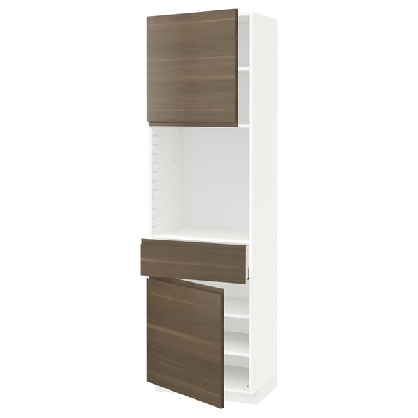 METOD / MAXIMERA High cabinet with 2 doors+1 drawer, white/Voxtorp walnut effect, 60x41x200 cm