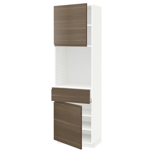 Modern kitchen unit: METOD in white & dark walnut. Tall with open space, wooden doors, adjustable shelves.