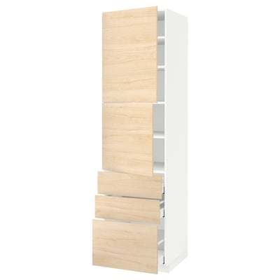 Tall white kitchen cabinet with light ash wood doors and drawers, modern design.