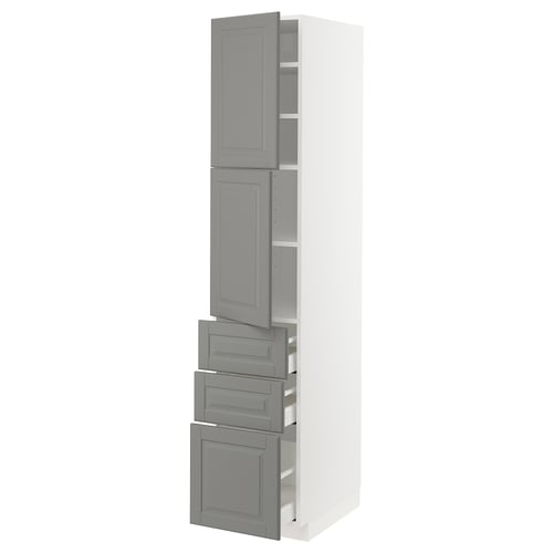 METOD kitchen unit in soft grey with shelves and drawers, modern design.