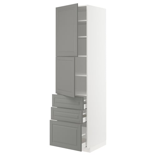 METOD kitchen unit: tall white cabinet with grey drawers and doors, bevel edge design.