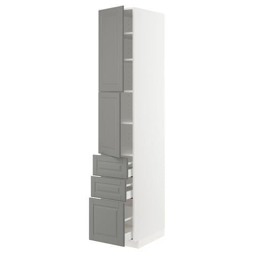 Ikea METOD kitchen unit, grey, with shelves and drawers.