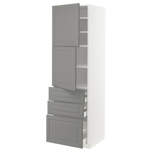 White and grey modern kitchen cabinet with drawers and shelves.