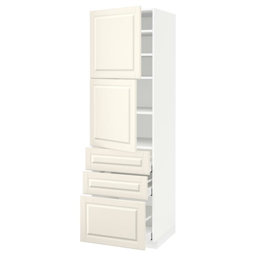 This image shows a white METOD kitchen cabinet with three doors and three drawers, featuring a traditional design with bevelled edges.