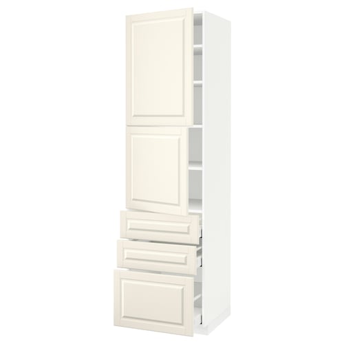 White METOD kitchen cabinet, tall with drawers, bevelled edges.