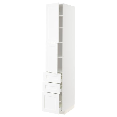 A white METOD kitchen cabinet set with drawers and shelves.