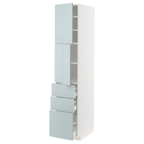 Modern white kitchen cabinet with blue-grey drawers and doors.